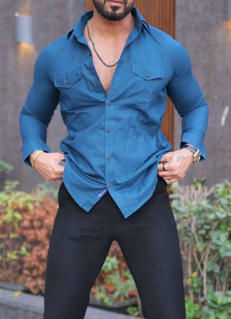 VOZIA Navy Double Pocket Linen Blend Shirt 7