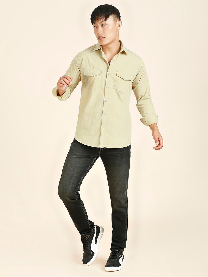 Cream Solid Double Pocket Men's Shirt 1