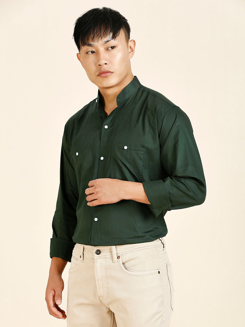 Green Solid Double Pocket Mandarin Men's Shirt 8