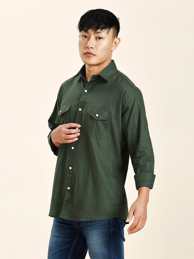 Green Cotton-Linen Double Pocket Shirt for Men 8