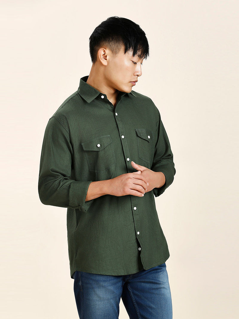 Green Cotton-Linen Double Pocket Shirt for Men 6