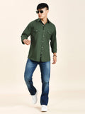 Green Cotton-Linen Double Pocket Shirt for Men