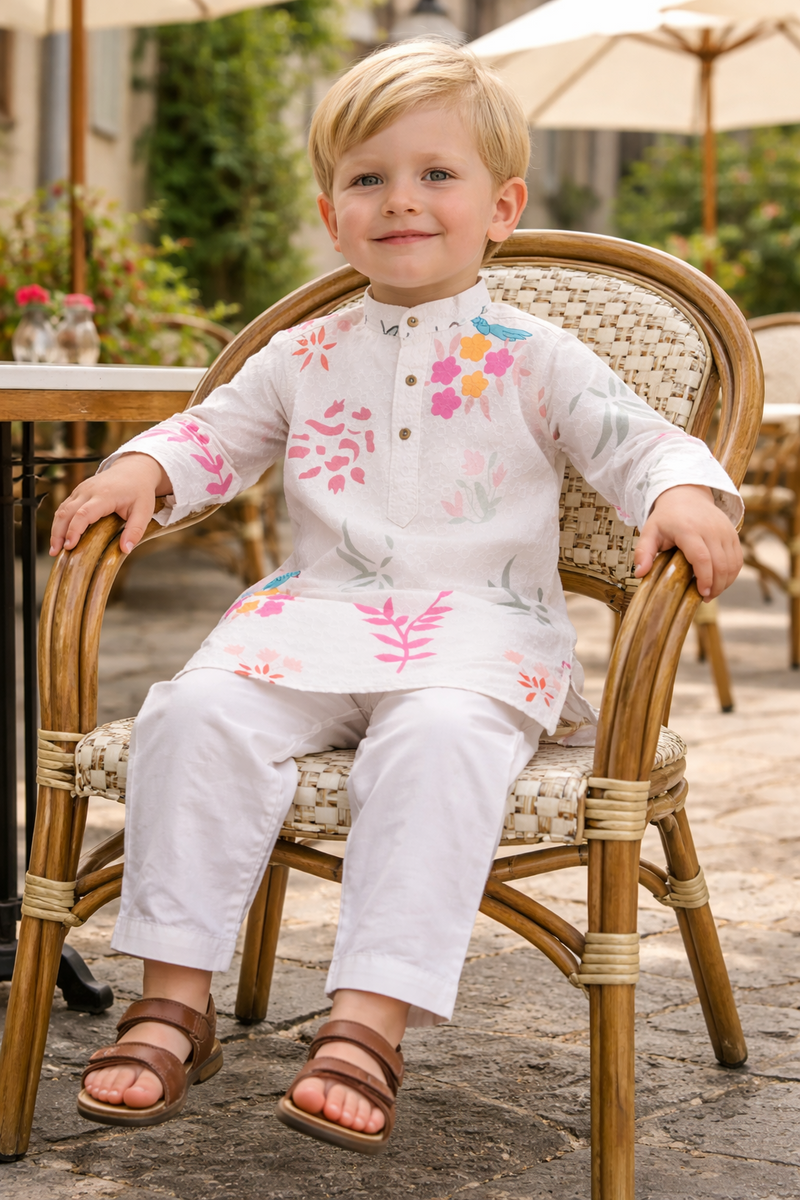 TryBuy Boys Off White Floral Embroidered Printed Kurta Pajama Set - Size 20 (3-4 Years) | TB_620_KID 6