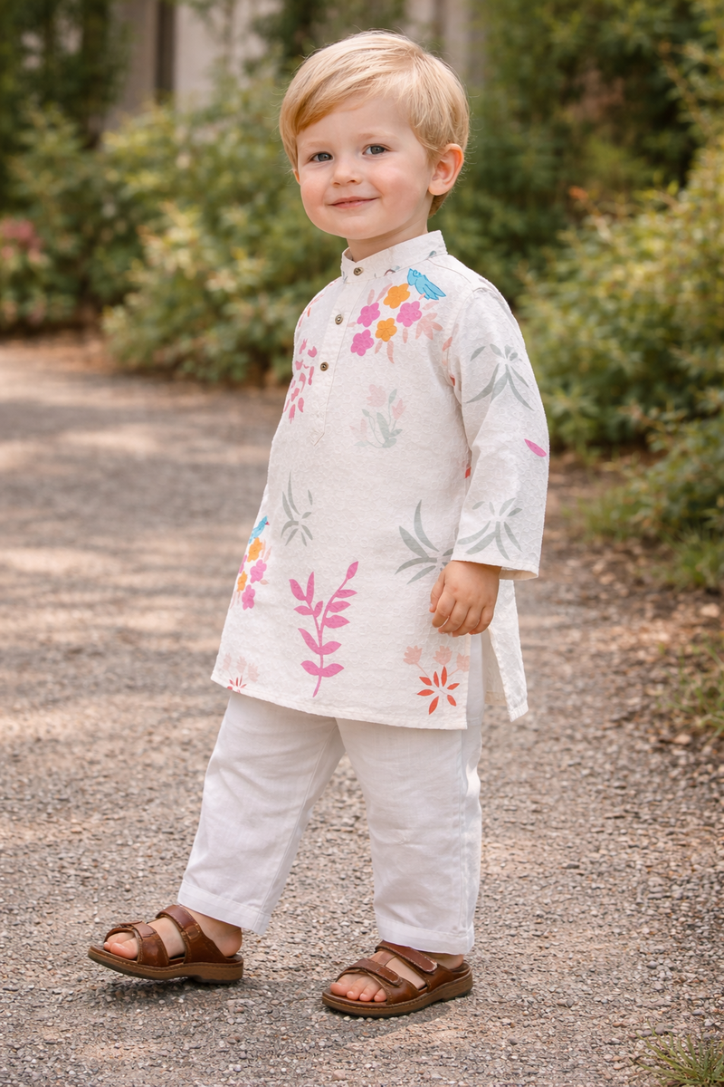 TryBuy Boys Off White Floral Embroidered Printed Kurta Pajama Set - Size 20 (3-4 Years) | TB_620_KID 8
