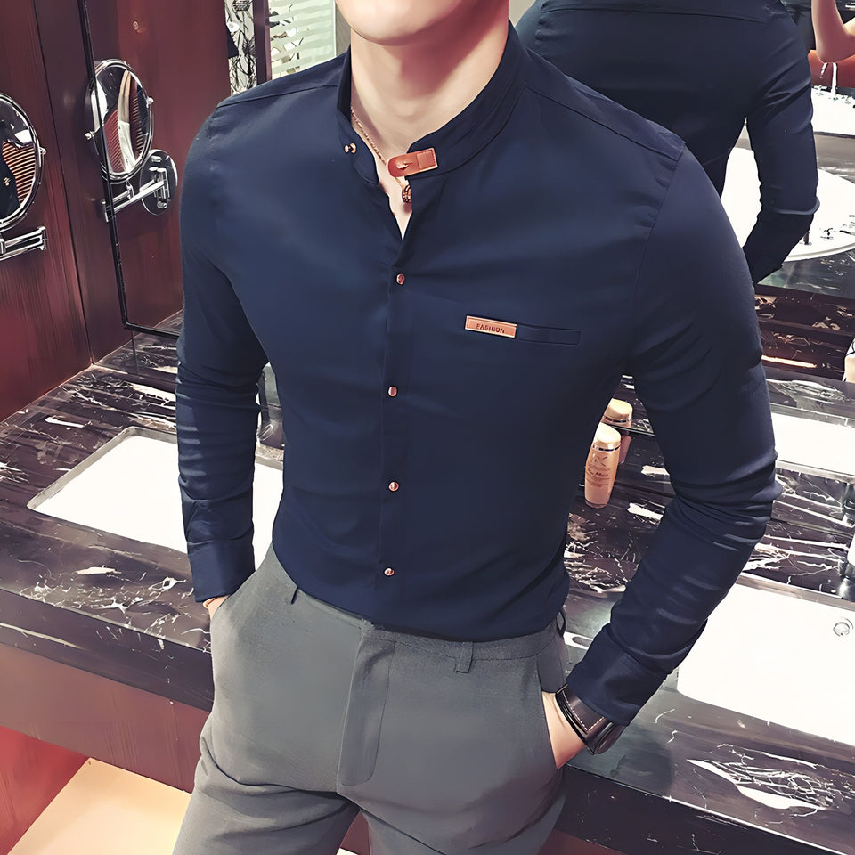 Navy blue cotton Mandarin-collar shirt for men
