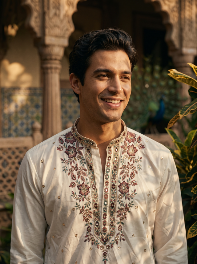 TryBuy men's ivory embroidered kurta TB_21123 front close-up with floral detailing