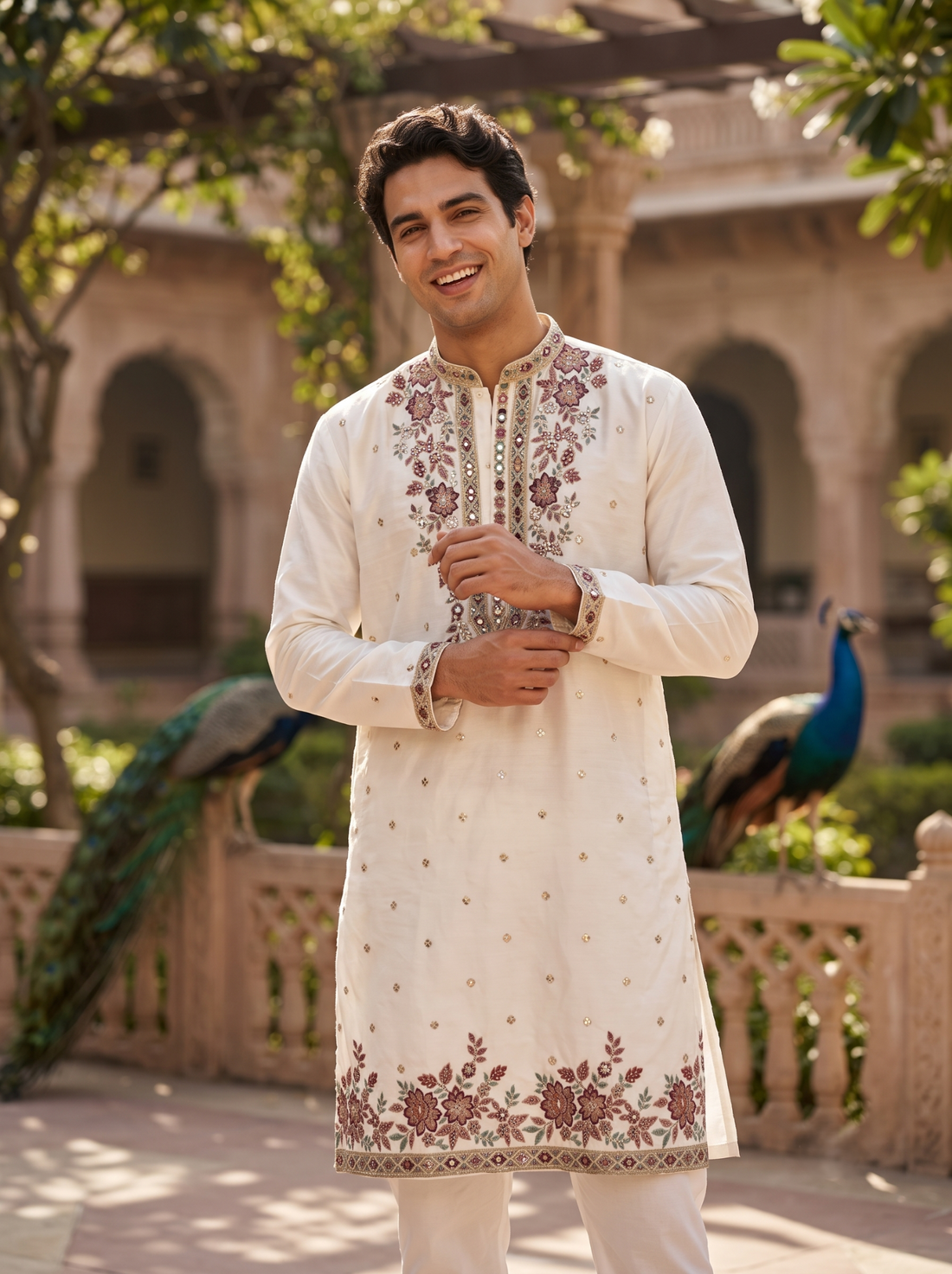 TryBuy men's ivory embroidered festive kurta TB_21123 full front view