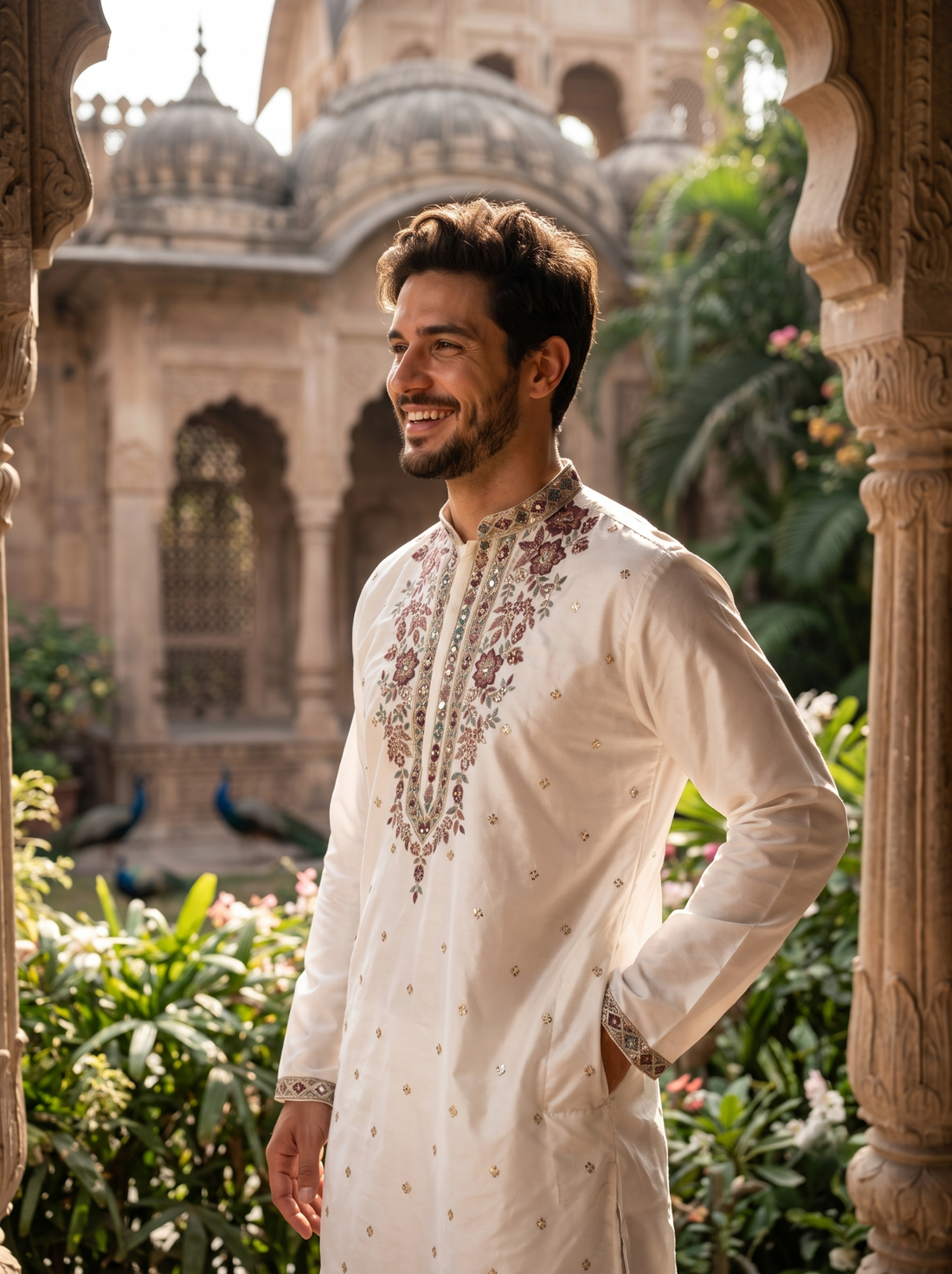 TryBuy men's ivory embroidered kurta TB_21123 three-quarter festive view