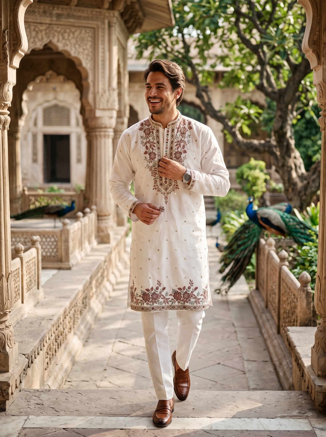 TryBuy men's ivory embroidered kurta TB_21123 full-length walking look