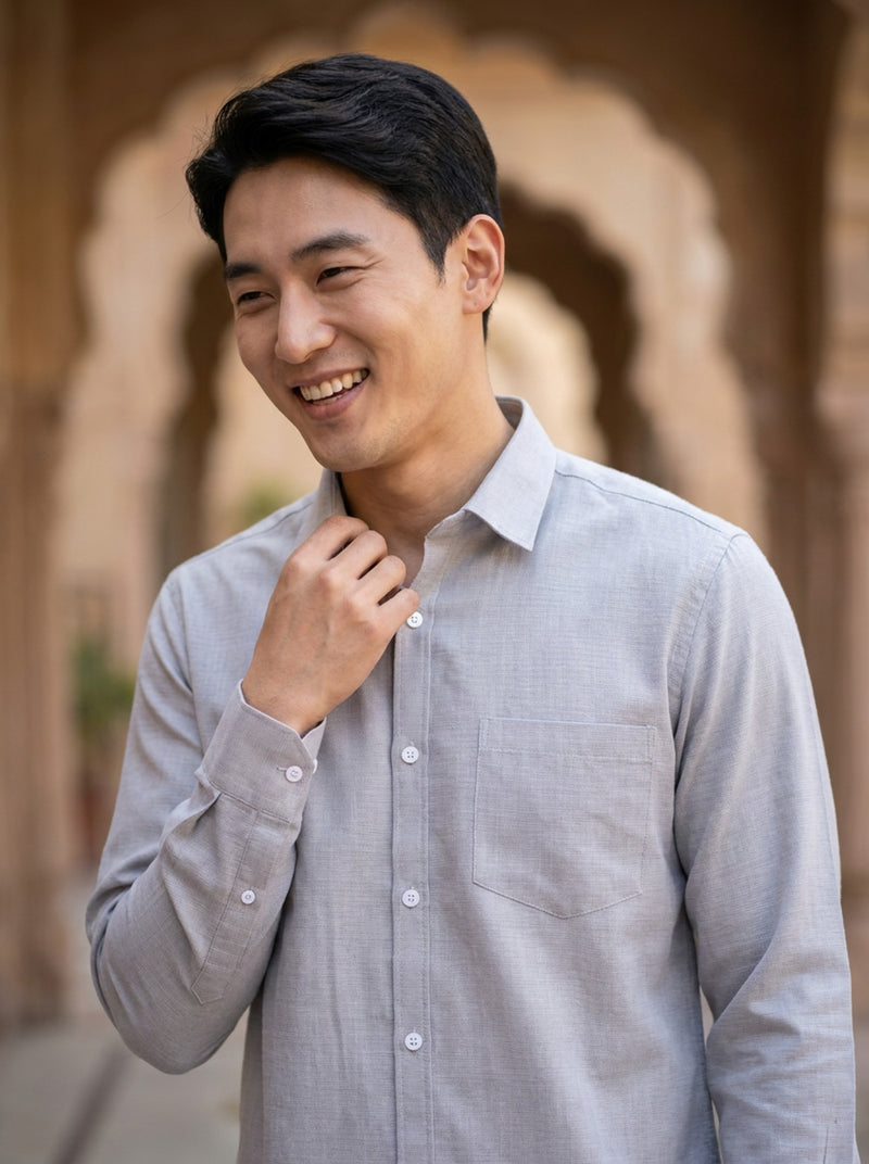 Men's Light Grey Thick Cotton-Linen Slim Fit Shirt 3
