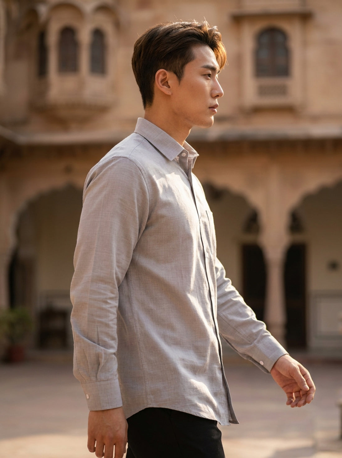 TryBuy men's light grey thick cotton-linen shirt side profile view