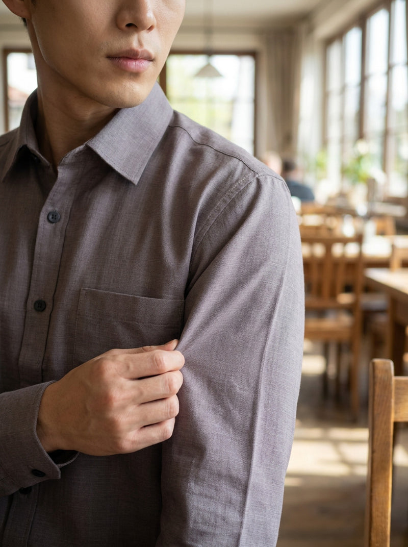 Men's Taupe Grey Thick Cotton-Linen Slim Fit Shirt 8