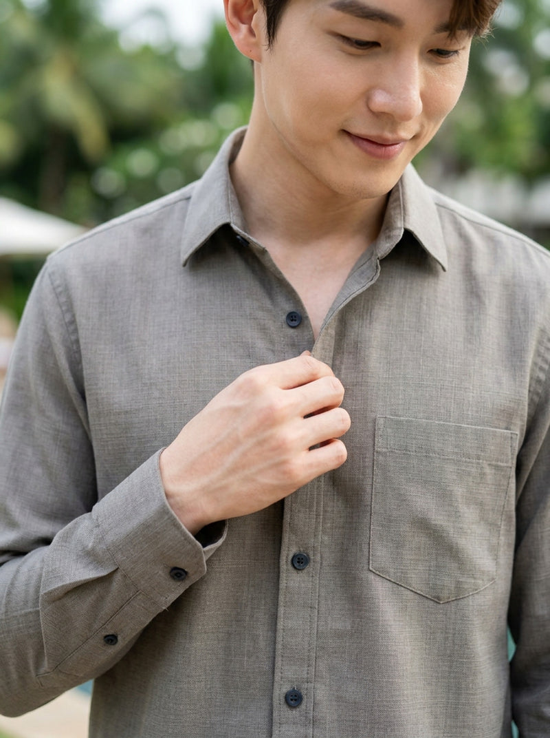 Men's Stone Grey Thick Cotton-Linen Slim Fit Shirt 8