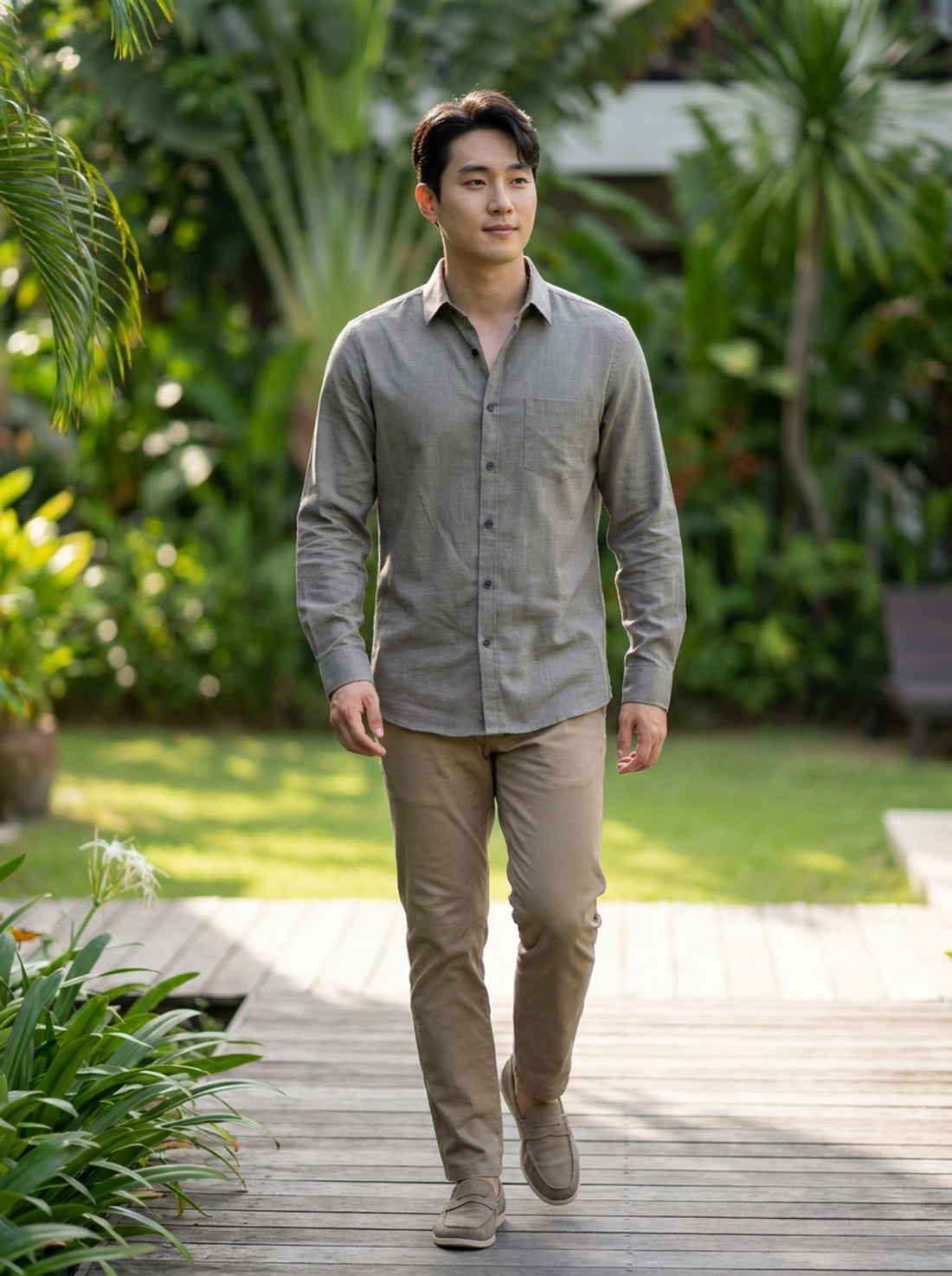 TryBuy men's stone grey cotton linen shirt full-length front view