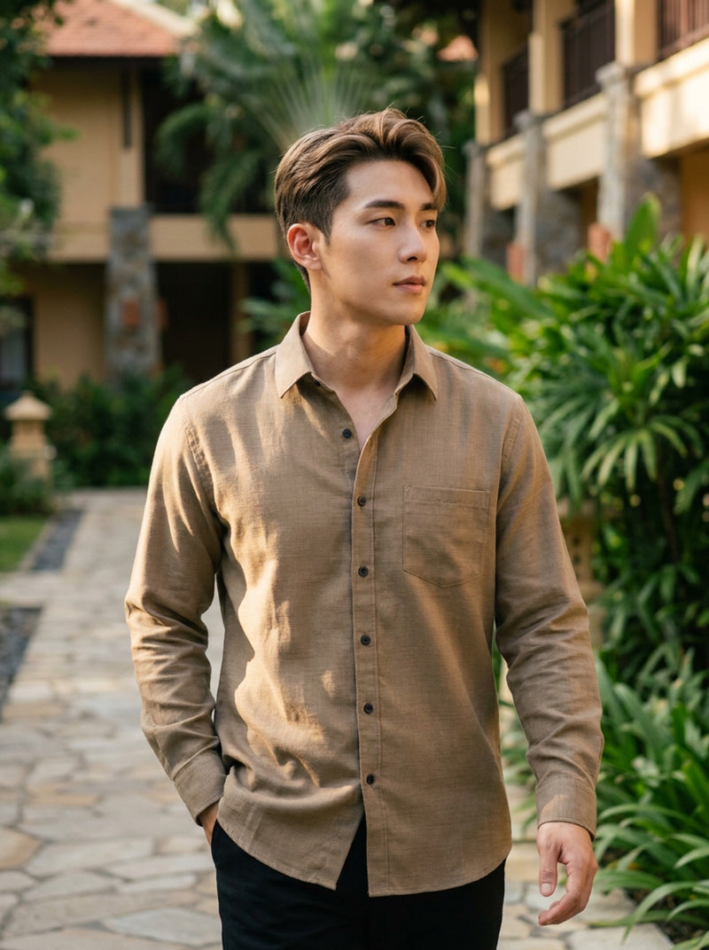 Men's Taupe Brown Thick Cotton-Linen Slim Fit Shirt 4
