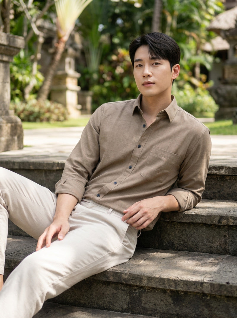 Men's Taupe Brown Thick Cotton-Linen Slim Fit Shirt 5