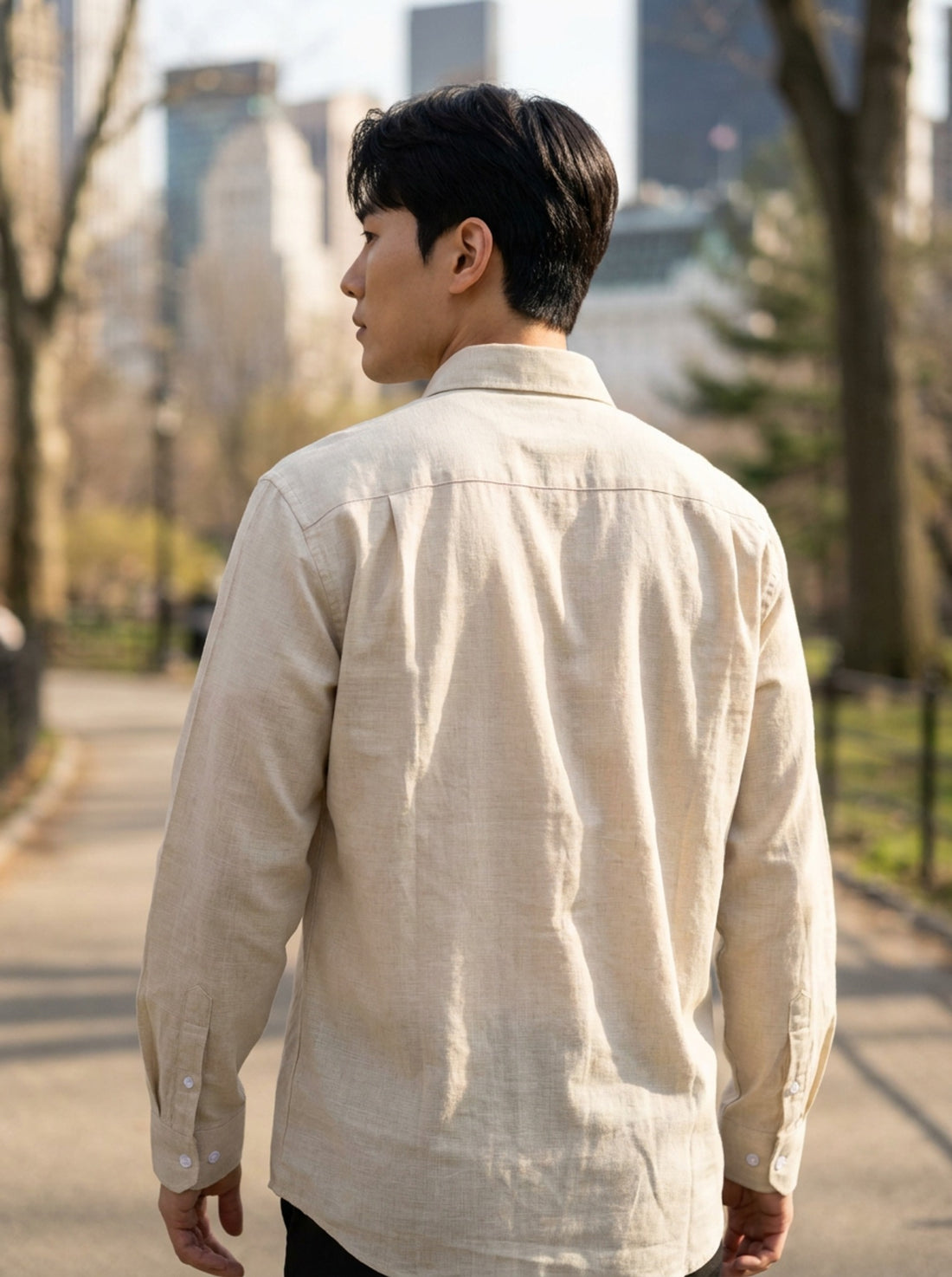 TryBuy men's ivory beige thick cotton-linen shirt classic back view