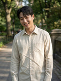 Men's Ivory Beige Thick Cotton-Linen Slim Fit Shirt
