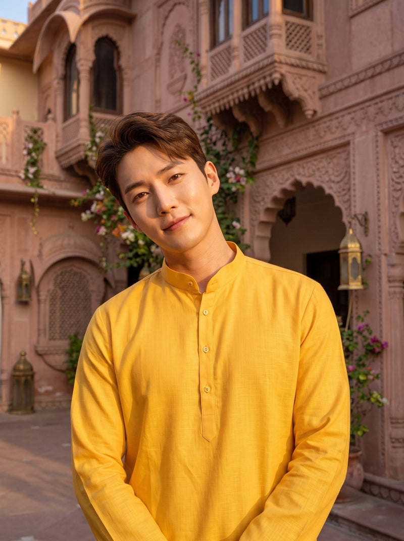 Men's Mustard Yellow Magic Cloth Kurta Pyjama Set 3