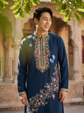 azul bordada kurta para hombre