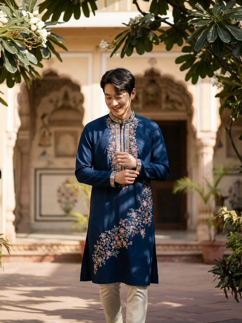 azul bordada kurta para hombre 5