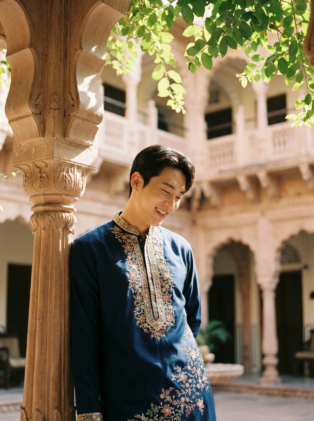 
Imagen de TB_2201 azul bordada kurta para hombre side lean pose de TryBuy
