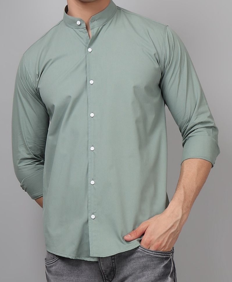 Ocean Green Cotton Mandarin Collar Shirt 1