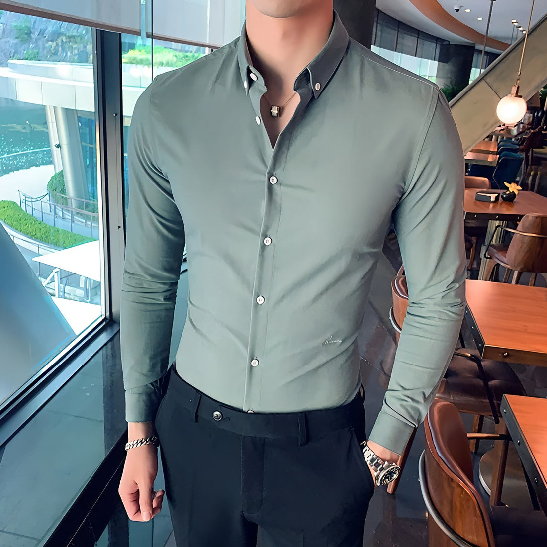 Ocean green solid cotton button-down shirt for men