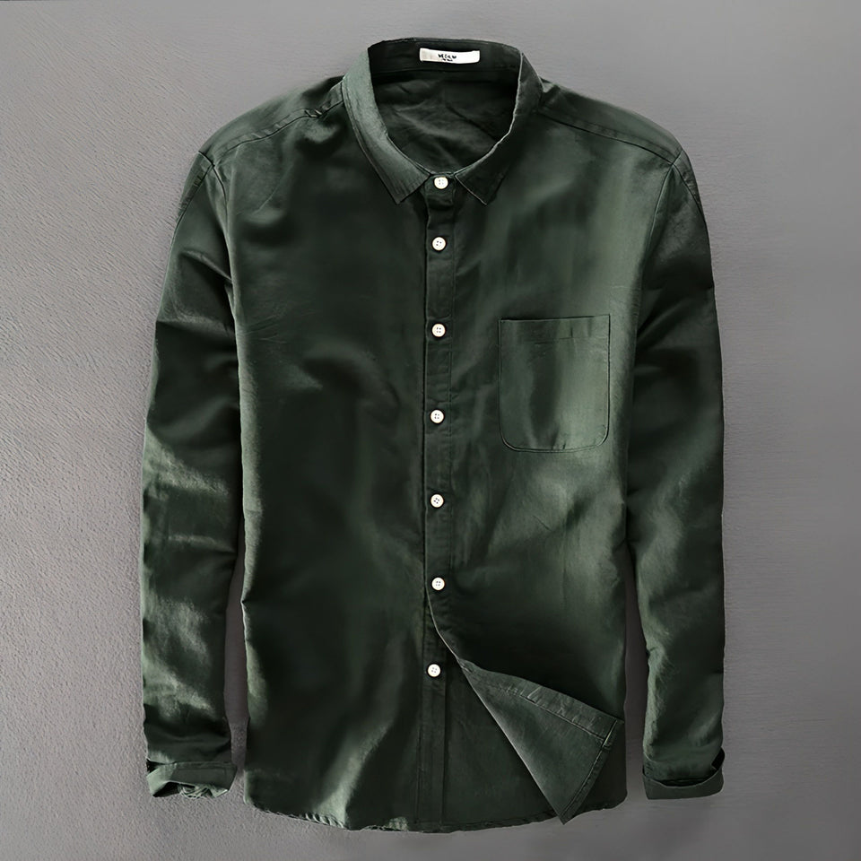 Green solid cotton-linen button-down shirt for men