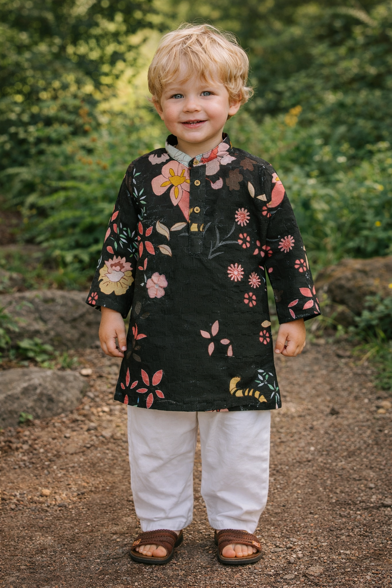 TryBuy Boys Black Floral Embroidered Printed Kurta Pajama Set - Size 20 (3-4 Years) | TB_610_KID 1
