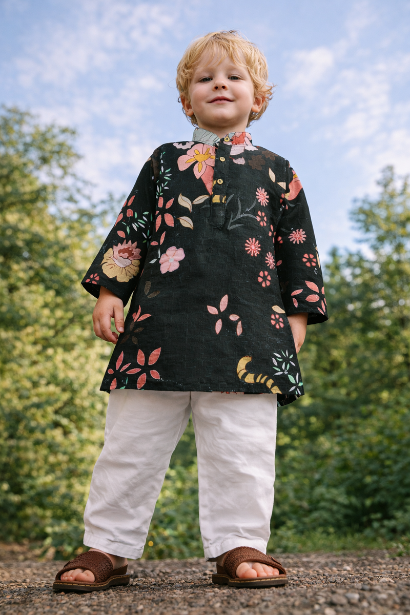 TryBuy Boys Black Floral Embroidered Printed Kurta Pajama Set - Size 20 (3-4 Years) | TB_610_KID 6
