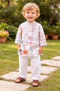 TryBuy Boys White Floral Embroidered Printed Kurta Pajama Set - Size 20 (3-4 Years) | TB_617_KID