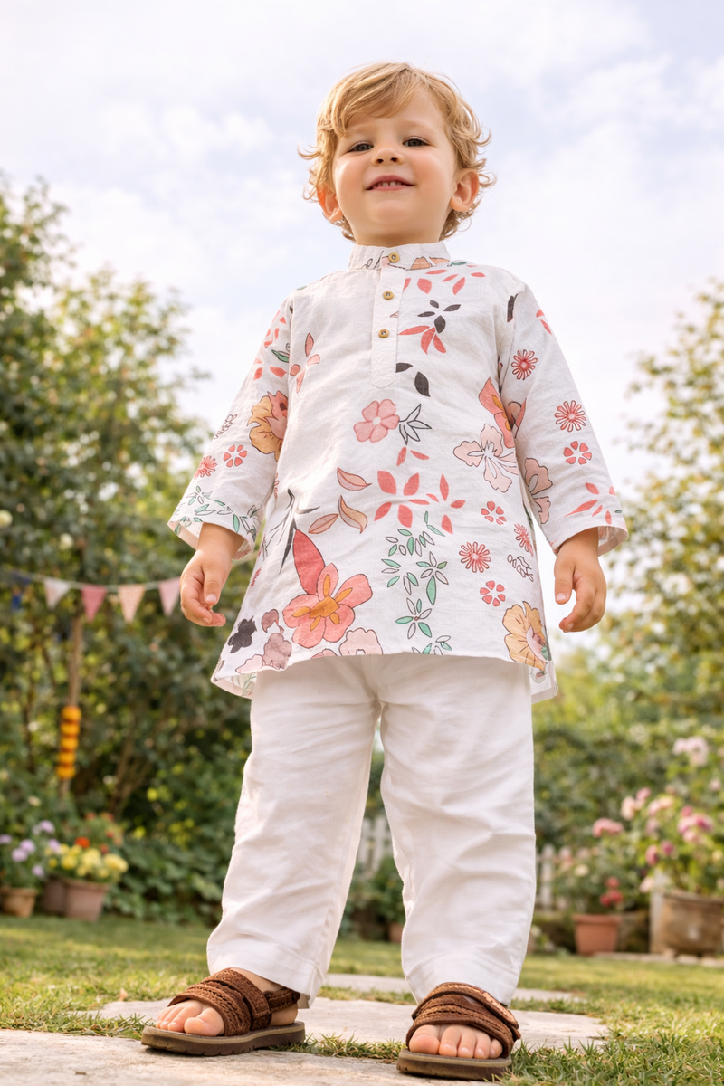 TryBuy Boys White Floral Embroidered Printed Kurta Pajama Set - Size 20 (3-4 Years) | TB_617_KID 5