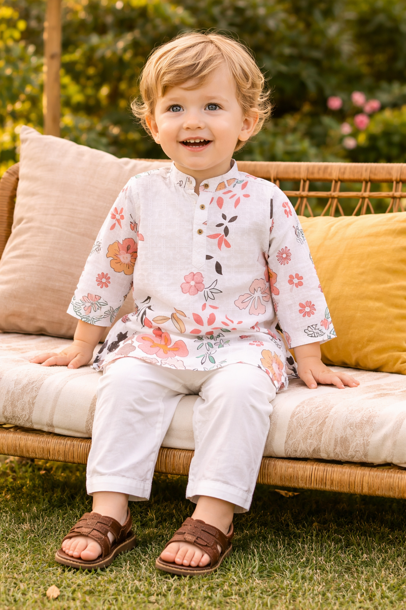 TryBuy Boys White Floral Embroidered Printed Kurta Pajama Set - Size 20 (3-4 Years) | TB_617_KID 4