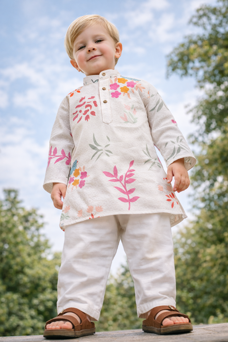 TryBuy Boys Off White Floral Embroidered Printed Kurta Pajama Set - Size 20 (3-4 Years) | TB_620_KID 4