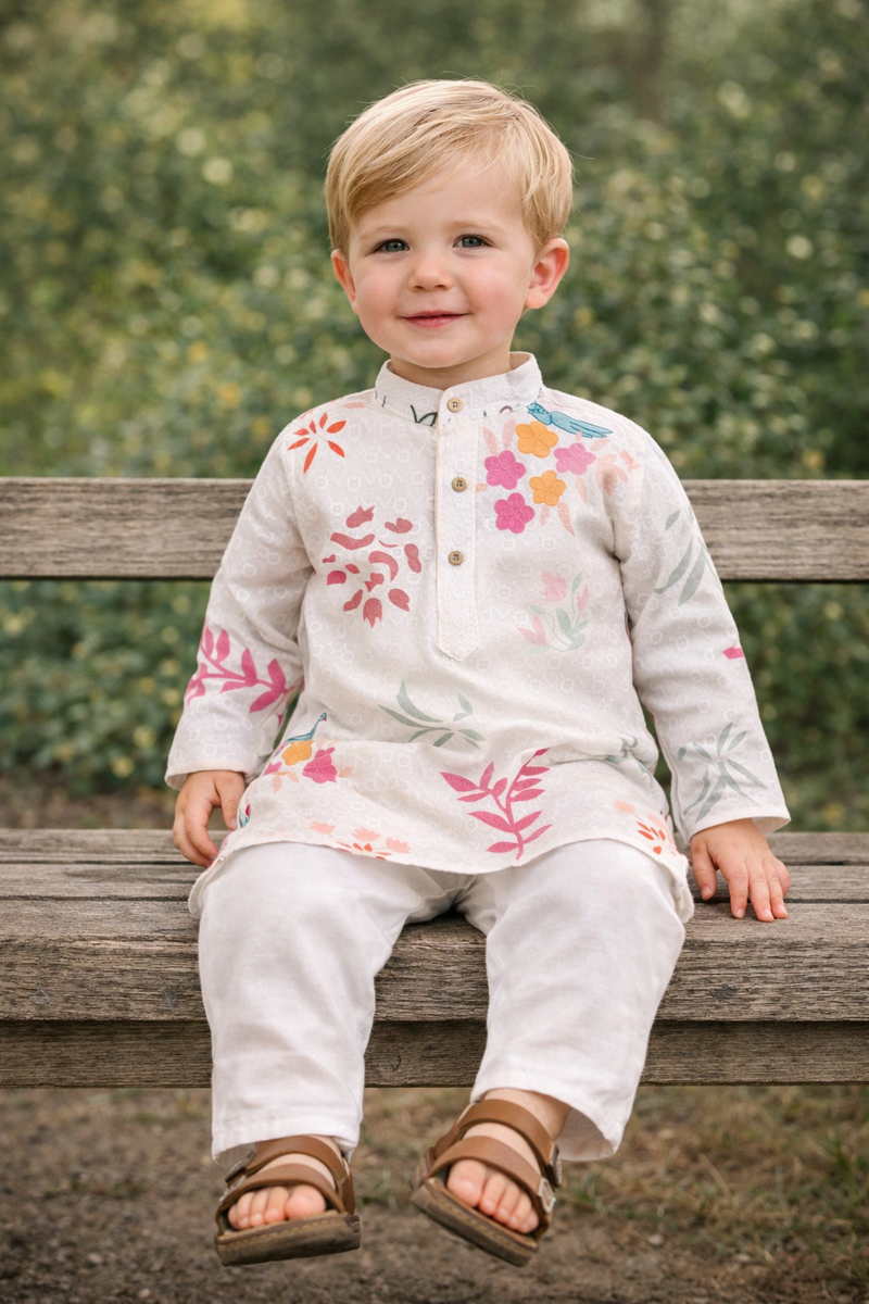 TryBuy Boys Off White Floral Embroidered Printed Kurta Pajama Set - Size 20 (3-4 Years) | TB_620_KID 5