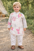 TryBuy Boys Off White Floral Embroidered Printed Kurta Pajama Set - Size 20 (3-4 Years) | TB_620_KID