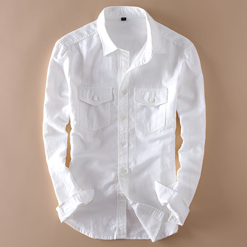 Chemise blanche en lin et coton à deux poches pour homme 1