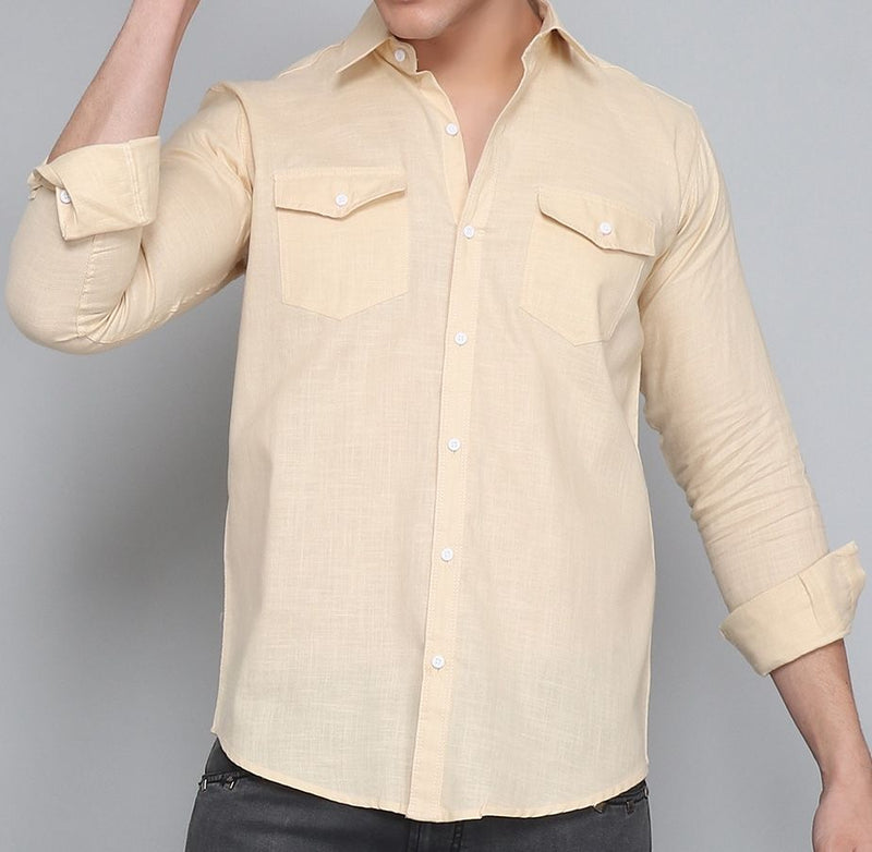 Cream Double Pocket Cotton Linen Shirt for Men - TB_76_TP 1
