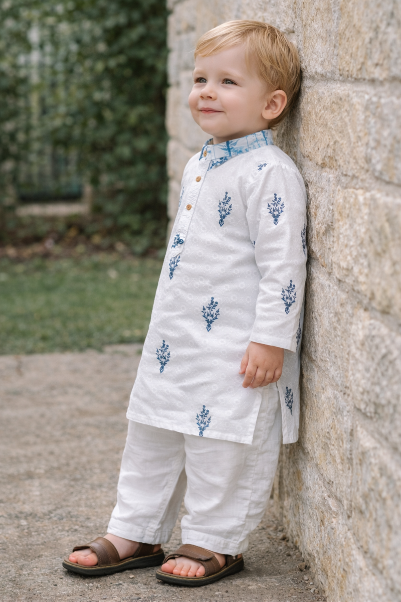 TryBuy Boys White Blue Embroidered Printed Kurta Pajama Set - Size 20 (3-4 Years) | TB_805_KID 3