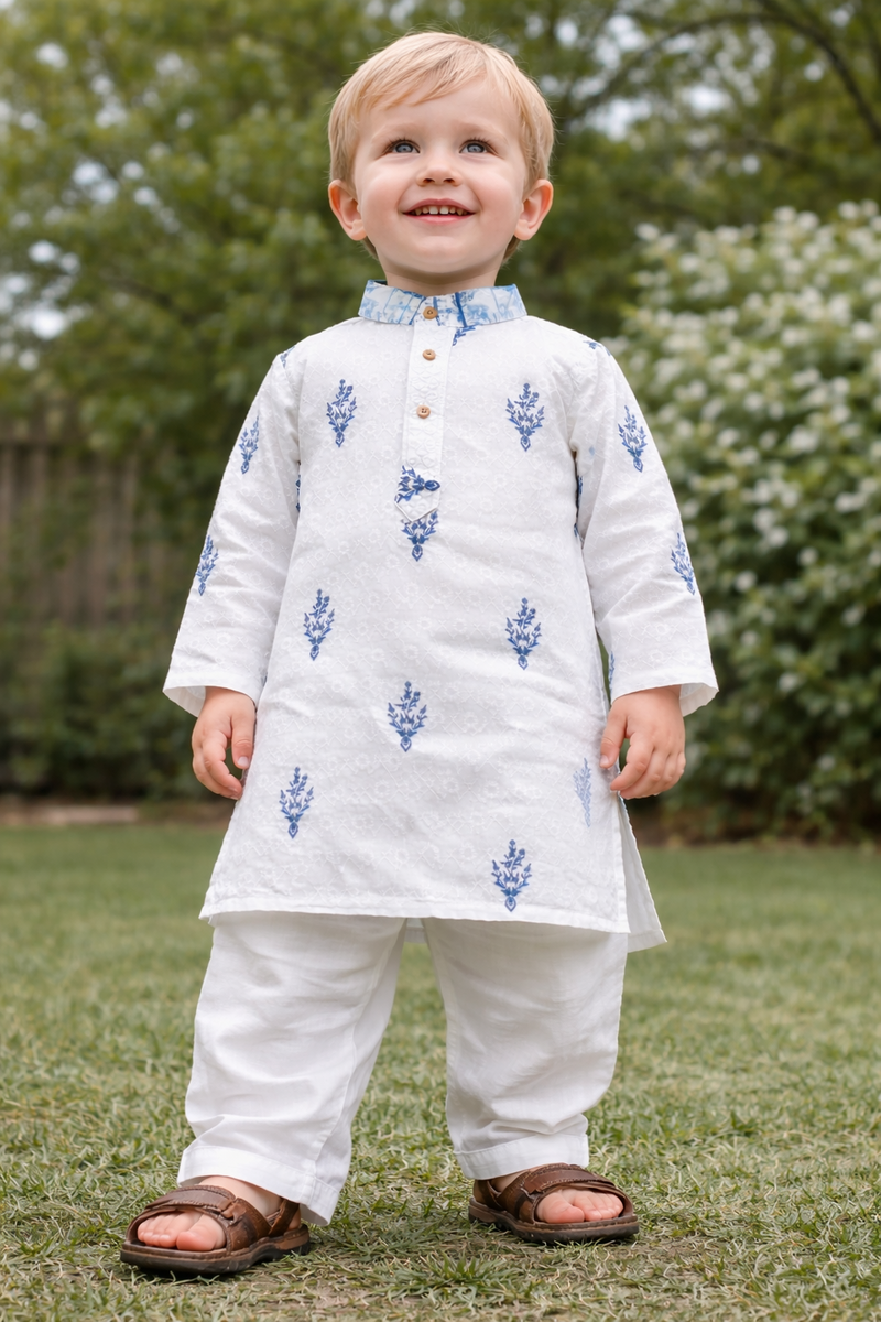 TryBuy Boys White Blue Embroidered Printed Kurta Pajama Set - Size 20 (3-4 Years) | TB_805_KID 7
