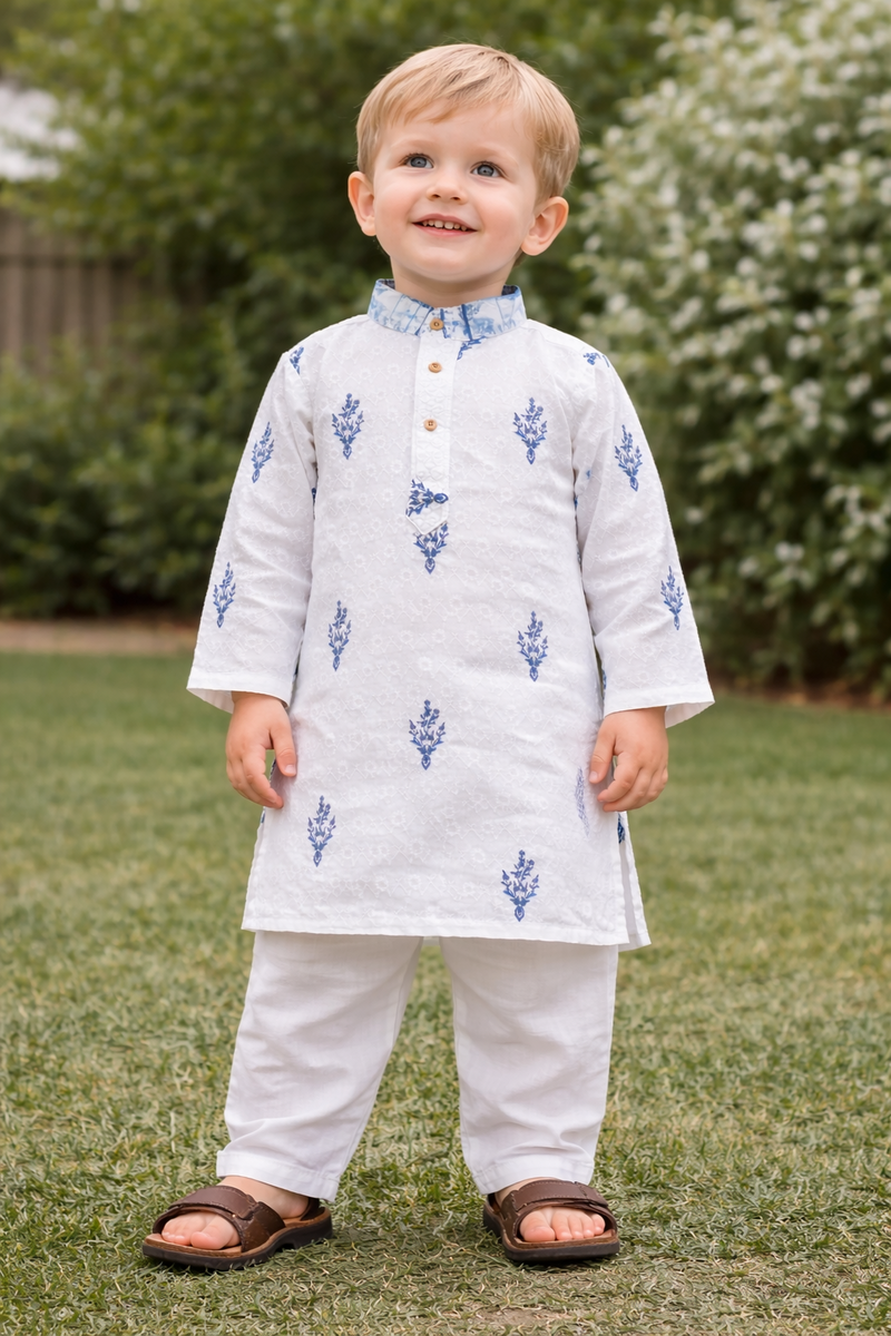 TryBuy Boys White Blue Embroidered Printed Kurta Pajama Set - Size 20 (3-4 Years) | TB_805_KID 1