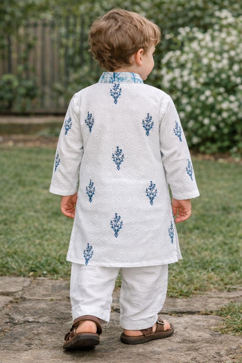TryBuy Boys White Blue Embroidered Printed Kurta Pajama Set - Size 20 (3-4 Years) | TB_805_KID 4