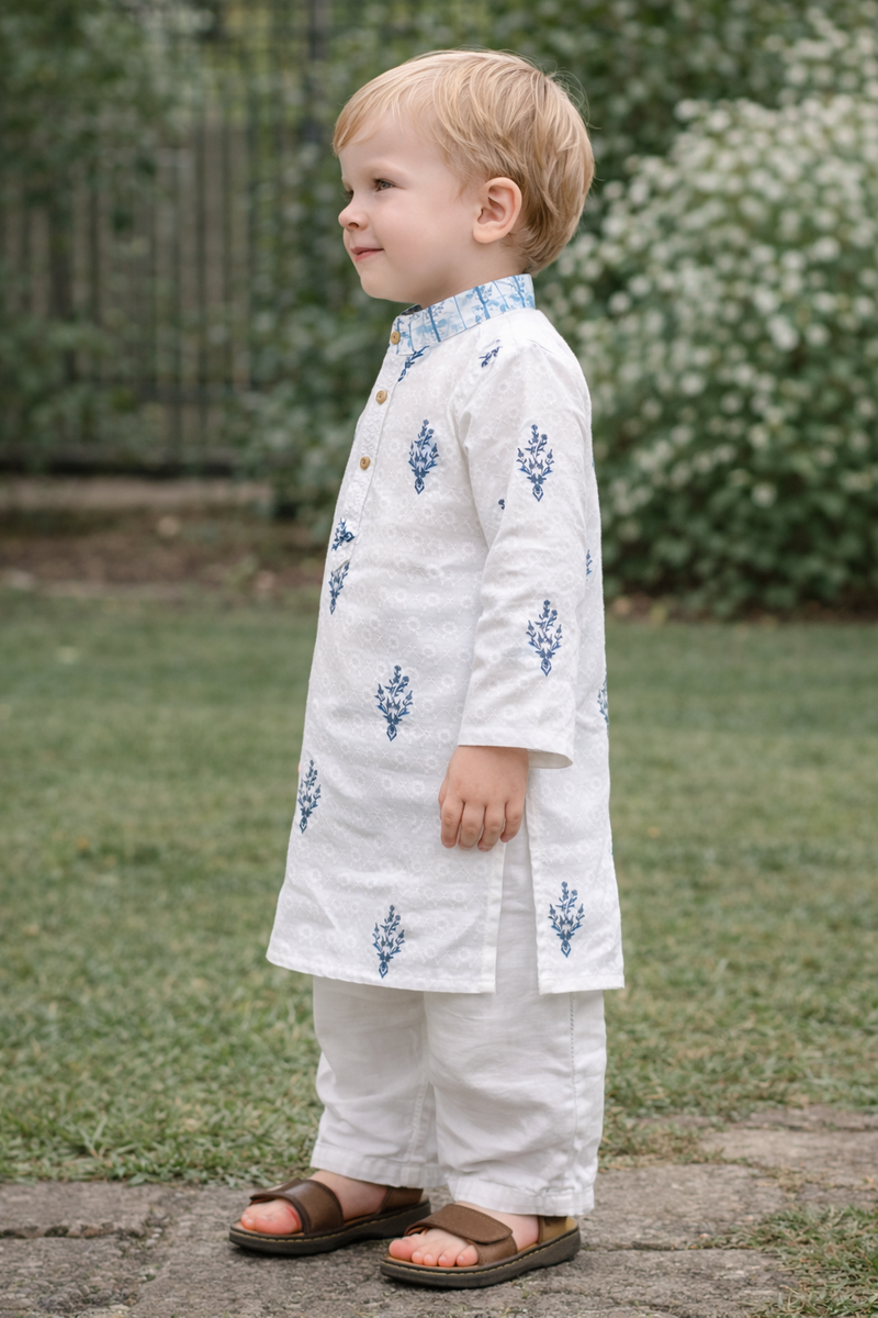 TryBuy Boys White Blue Embroidered Printed Kurta Pajama Set - Size 20 (3-4 Years) | TB_805_KID 6
