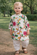 TryBuy Boys White Floral Embroidered Printed Kurta Pajama Set - Size 20 (3-4 Years) | TB_806_KID