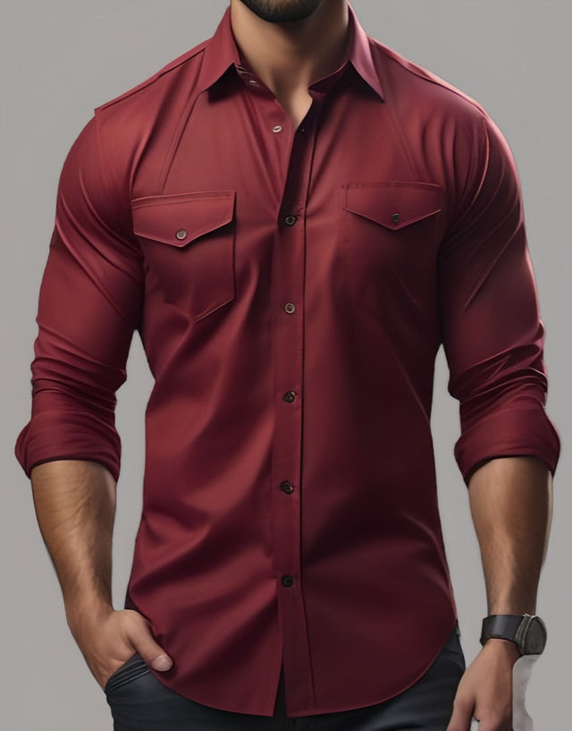 Maroon Double Pocket Cotton Shirt for Men