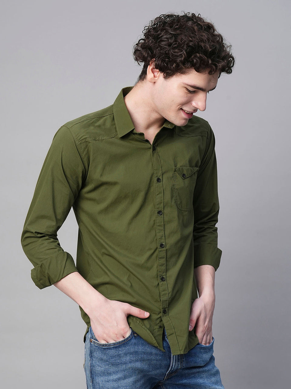 Angers army-green solid cotton shirt for men front view