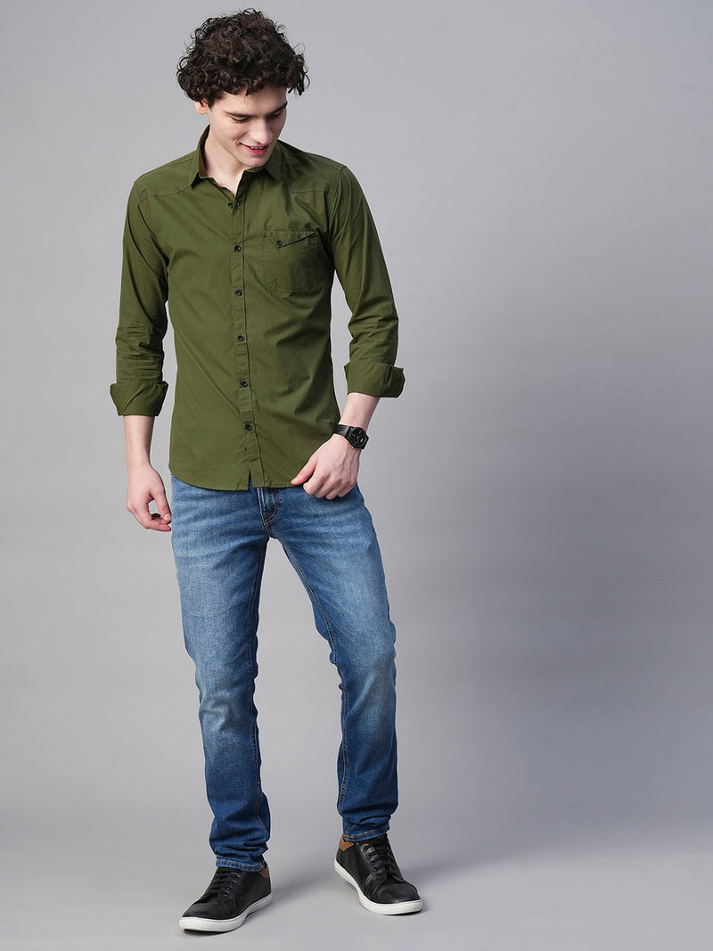 Angers Army Green Solid Cotton Shirts for Men 7