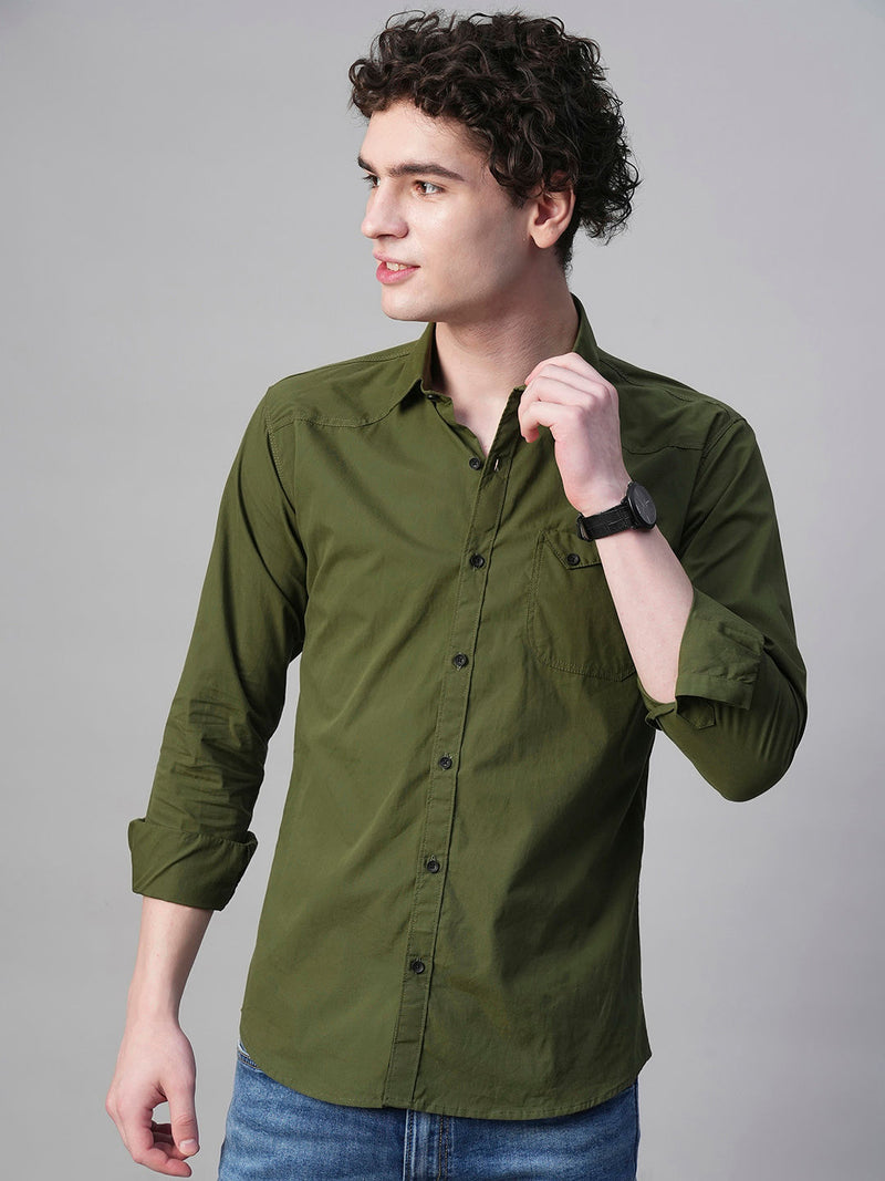 Angers Army Green Solid Cotton Shirts for Men 4