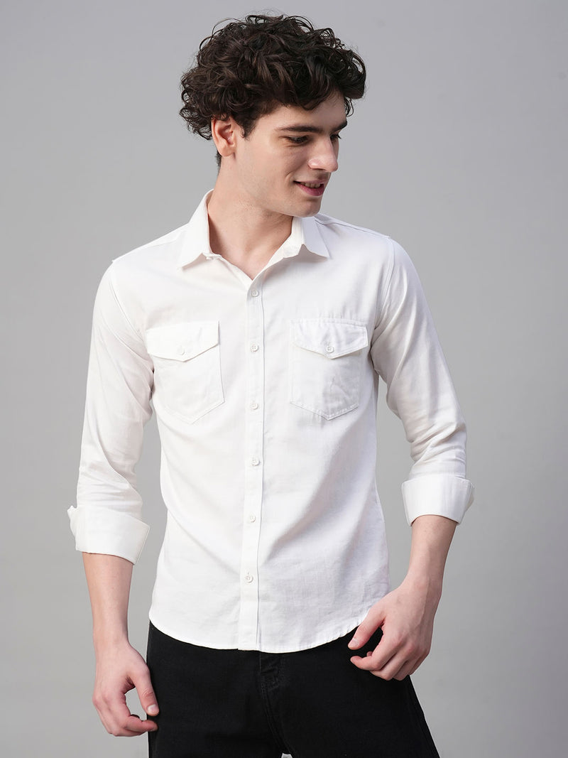 Solid White Cotton Linen Double Pocket Shirts for Men 6